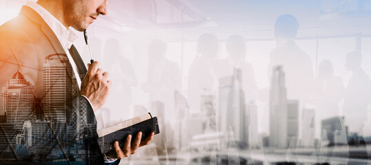 Double Exposure Image of Business Person on modern city background. Future business and...