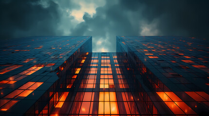 Sunrise across the tops of big city buildings, the majesty of skyscrapers