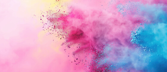Holi festival background with colorful powder splash, wide pink banner with copy space - obrazy, fototapety, plakaty