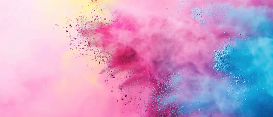 Gordijnen Holi festival background with colorful powder splash, wide pink banner with copy space © angelo sarnacchiaro