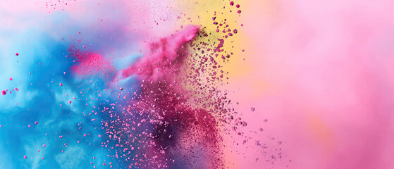 Holi festival background with colorful powder splash, wide pink banner with copy space