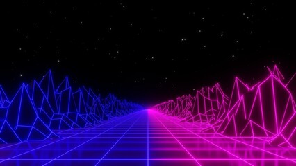 3d pink and blue neon 80s 90s retrowave grid wireframe road. Retro cyberpunk futuristic background. Glow and shine synthwave 4k y2k. Music party disco template poster