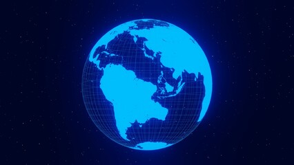 3d blue neon glowing wireframe Earth globe planet. Grid hologram sphere network of connections. Digital futuristic geography map.