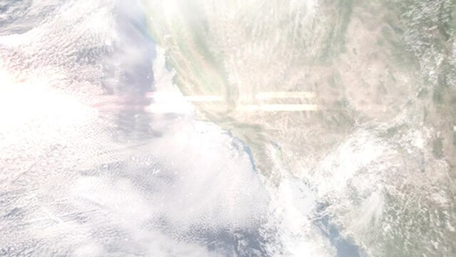 Earth zoom in from space and focus on Calabasas, California, USA. 3D Animation. Satellite view. Background for travel intro. Images from NASA