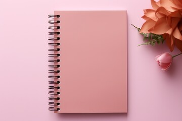 Spiral blank notebook mockup on a pink background with flowers. Template for design, top view - obrazy, fototapety, plakaty