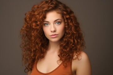Portrait of a beautiful young woman with long curly red hair.