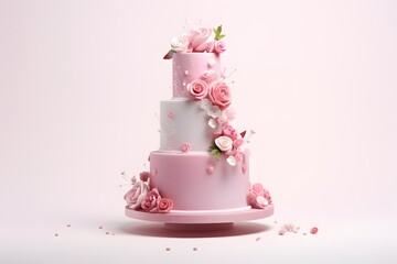 Pink three-tiered wedding cake decorated with flowers isolated on pink background. Elegant holiday desserts concept.