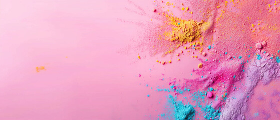 Holi festival wallpaper with colorful powder on a pink background, wide banner with copy space