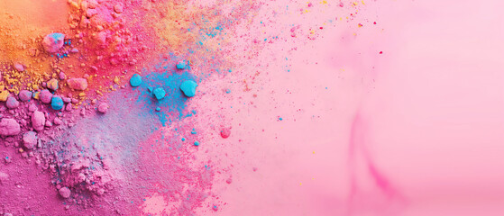 Holi festival wallpaper with colorful powder on a pink background, wide banner with copy space
