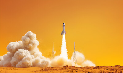 Rocket launching on yellow background, New Project, Start-up