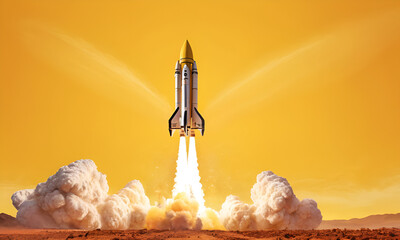 Rocket launching on yellow background, New Project, Start-up