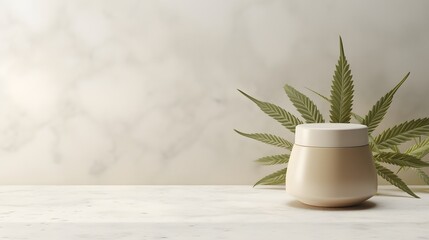 Cosmetic cream jar mockup template. Skin care product with marijuana on a light background.  Natural, organic concept..Brown glass bottle mockup for cosmetic products. - obrazy, fototapety, plakaty