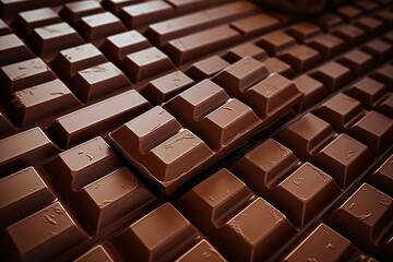 A close-up photograph of a stack of chocolate bars with one bar slightly raised at an angle. The chocolate bars are arranged in a regular pattern and have a smooth, shiny texture. - obrazy, fototapety, plakaty