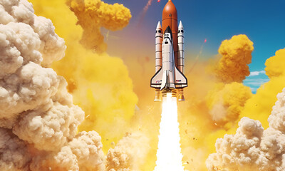 Rocket launching on yellow background, New Project, Start-up