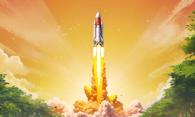 Rocket launching on yellow background, New Project, Start-up