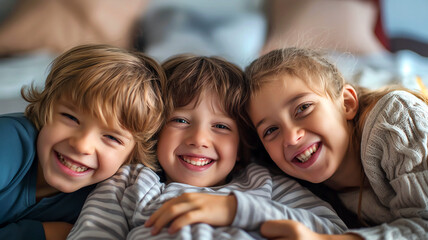 Three smiling children lying close together representing childhood, joy, sibling bond, and innocence.