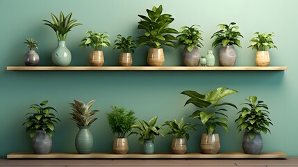 shelf with Indoor plants in a white pot on a green background