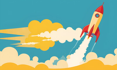 Rocket launching on yellow background, New Project, Start-up