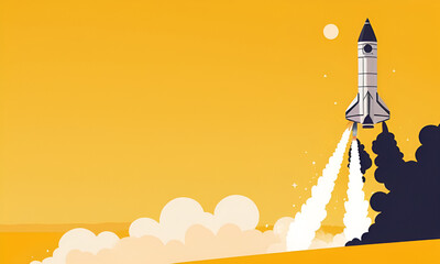 Rocket launching on yellow background, New Project, Start-up