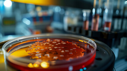 Colônias bacterianas em placa de Petri cercadas por equipamento de laboratório desfocado - obrazy, fototapety, plakaty