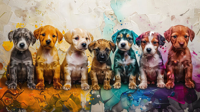 concept of Belonging Inclusion Diversity Equity DEIB, group of multicolor painted cute puppy or dogs