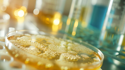 Colônias bacterianas em placa de Petri cercadas por equipamento de laboratório desfocado - obrazy, fototapety, plakaty