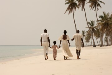 Family of five in coordinating white outfits walking on a sunny beach, holding hands, laughing, and...