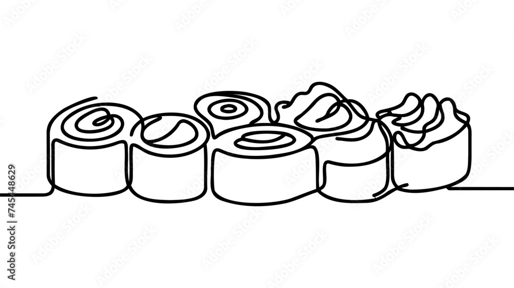 Poster vector continuous one single line drawing of sushi rolls in silhouette on a white background. linear
