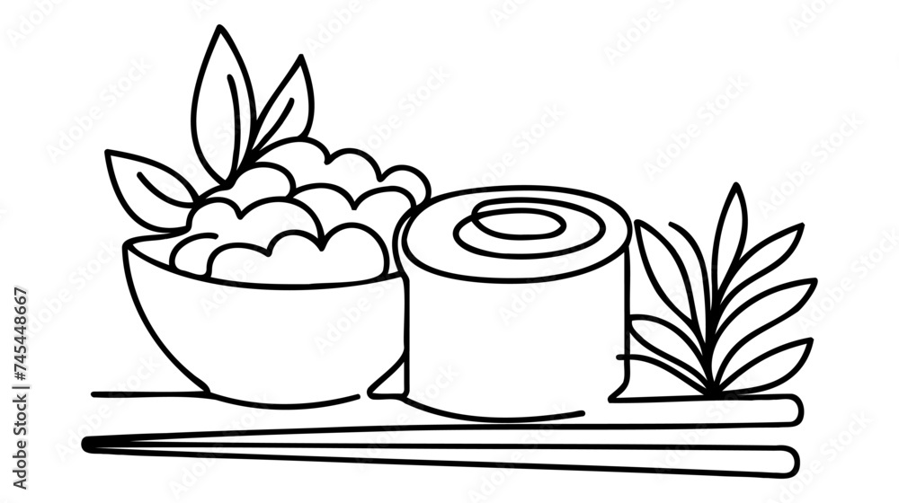 Poster vector continuous one single line drawing of sushi rolls in silhouette on a white background. linear