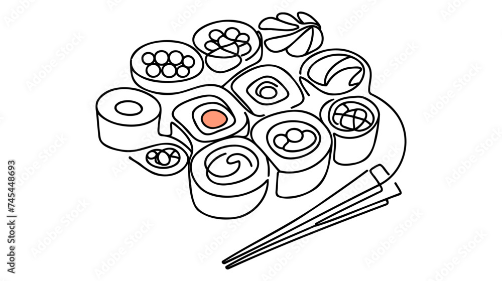 Poster vector continuous one single line drawing of sushi rolls in silhouette on a white background. linear