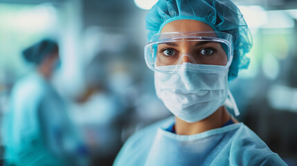 headshot portrait of female surgeon in operation wearing face mask
