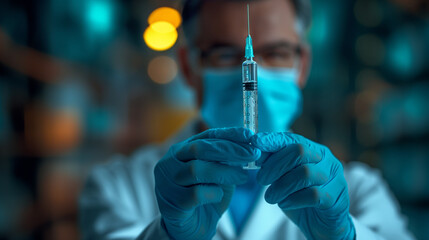 Doctor holding a vaccine, doctor wearing globes holding a syringe - obrazy, fototapety, plakaty