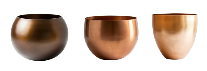 A collection of different minimalist-style copper bowls and pots, frontal view, isolated on a transparent background