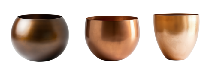 A collection of different minimalist-style copper bowls and pots, frontal view, isolated on a transparent background