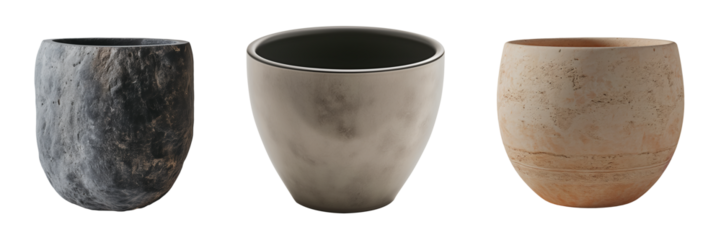 A collection of minimalist stoneware pots and vases, isolated on a transparent background