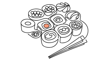 Vector continuous one single line drawing of sushi rolls in silhouette on a white background. Linear stylized