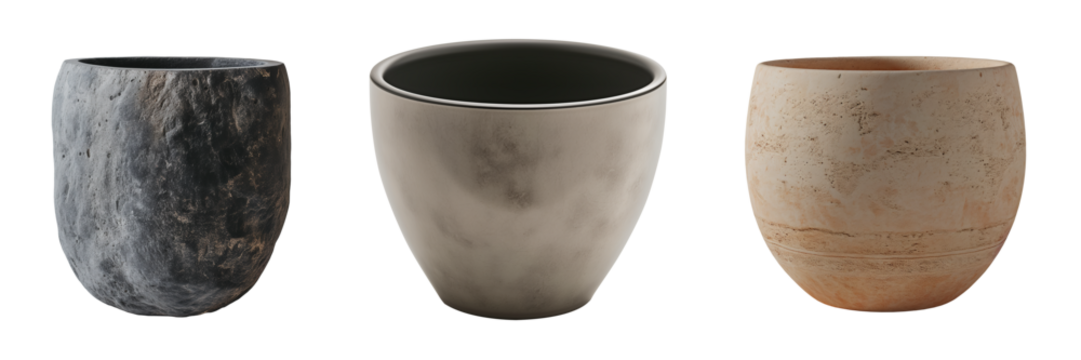 A collection of minimalist stoneware pots and vases, isolated on a transparent background