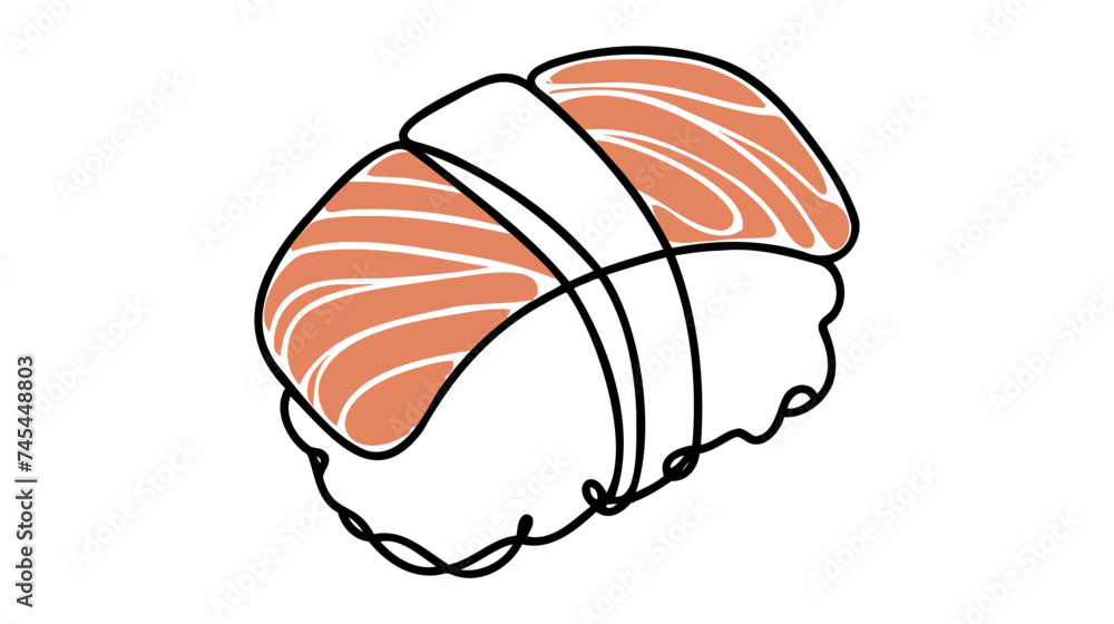 Poster vector continuous one single line drawing of sushi rolls in silhouette on a white background. linear