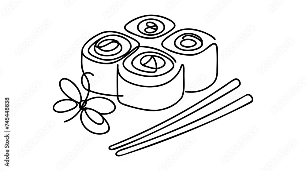 Poster vector continuous one single line drawing of sushi rolls in silhouette on a white background. linear