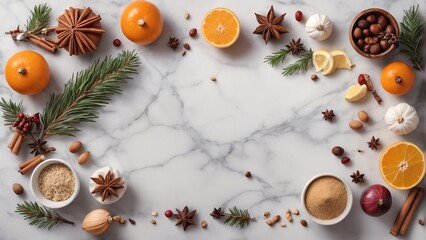 Fototapeta na wymiar Healthy holiday ingredients are on Marble Flat. Place for text