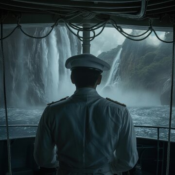 The captain was on a lost cruise ship going on an adventure trip alone, seen from behind, encountering beautiful waterfalls and mountains filled with mist. Generative Ai