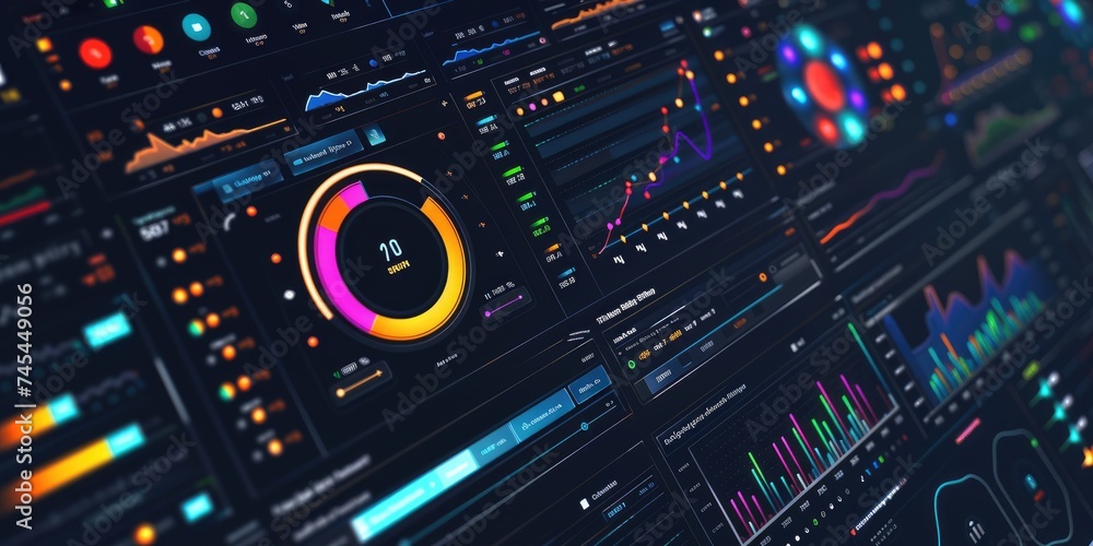 Poster a webpage showing a dashboard with many colorful graphics