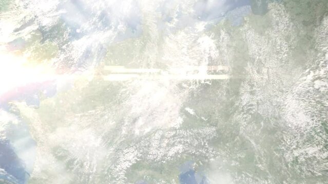 Earth zoom in from space and focus on Coburg, Germany. 3D Animation. Satellite view. Background for travel intro. Images from NASA