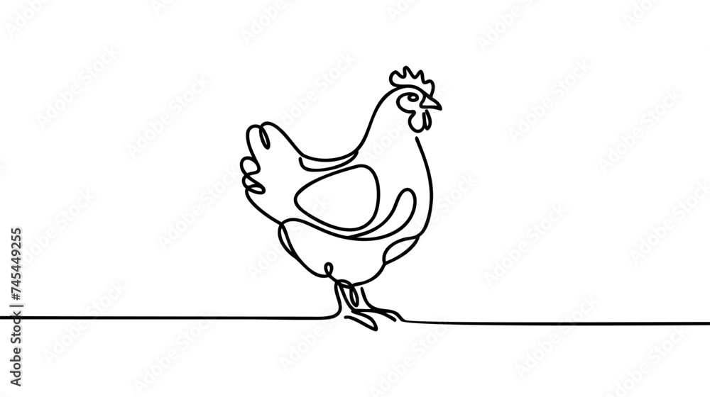 Poster hen in continuous line art drawing style. chicken minimalist black linear design isolated on white b
