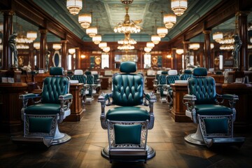 Luxurious and Elegant Barbershop Interior Design Featuring Plush Green Leather Chairs, Exquisite Crystal Chandeliers, Vintage Decor Elements, and Stylish Barber Tools for a Sophisticated Atmosphere. - obrazy, fototapety, plakaty