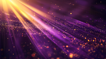 Abstract background with light rays and glittering particles. Fiber optics background with lots of light spots and bokeh. Purple sparkling backdrop with copy space.
