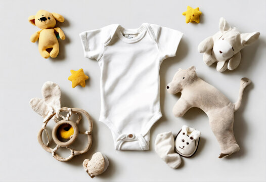 オーガニックコットンで作られた白い幼児用ベビー服のモックアップ。