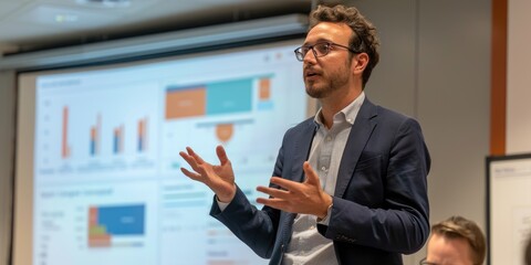 Male startupper in a modern office presenting a project, engaging and informative