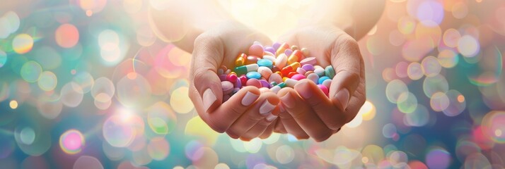 Healing Hands Offering Assorted Pills. Hands holding a colorful assortment of pills and capsules with a bokeh light background. - obrazy, fototapety, plakaty