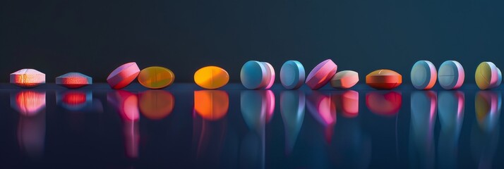 Spectrum of Pills and Capsules on Reflective Surface. Row of colorful assorted pharmaceutical pills and capsules with reflections on a dark background. - obrazy, fototapety, plakaty